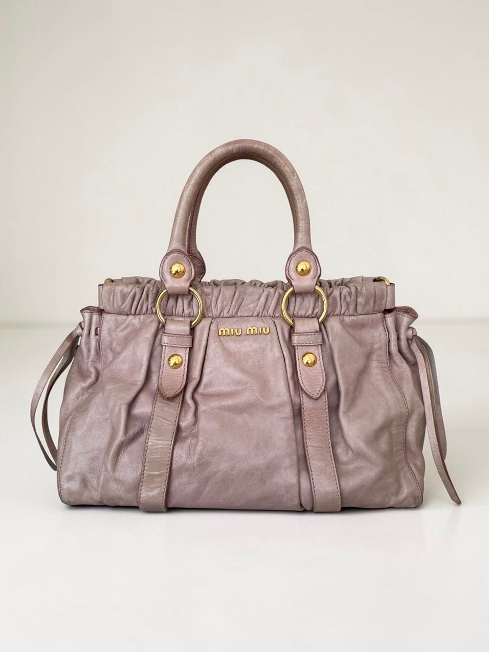 Miu Miu Vitello Lux Ruched Pink Beige 2Way Ballerina Bag